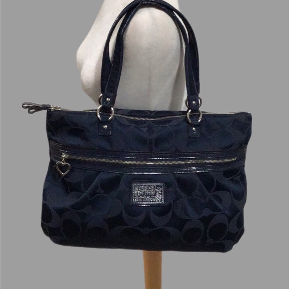 COACH Signature Coated Canvas Shoulder Bag,‎ Large, Dark Blue - Picture 2 of 16